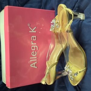Clear Slingback Flower Rhinestone Peep Toe Heels Gold Sandals